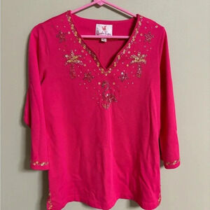 Quacker Factory QVC Tunic Top PINK FLAMINGOS 3/4 Sleeve Beaded Sequin Size Small